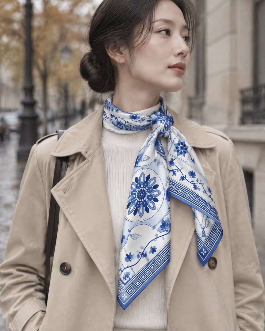AI-rendered preview: Lotus Scroll tied at the neck with a trench coat